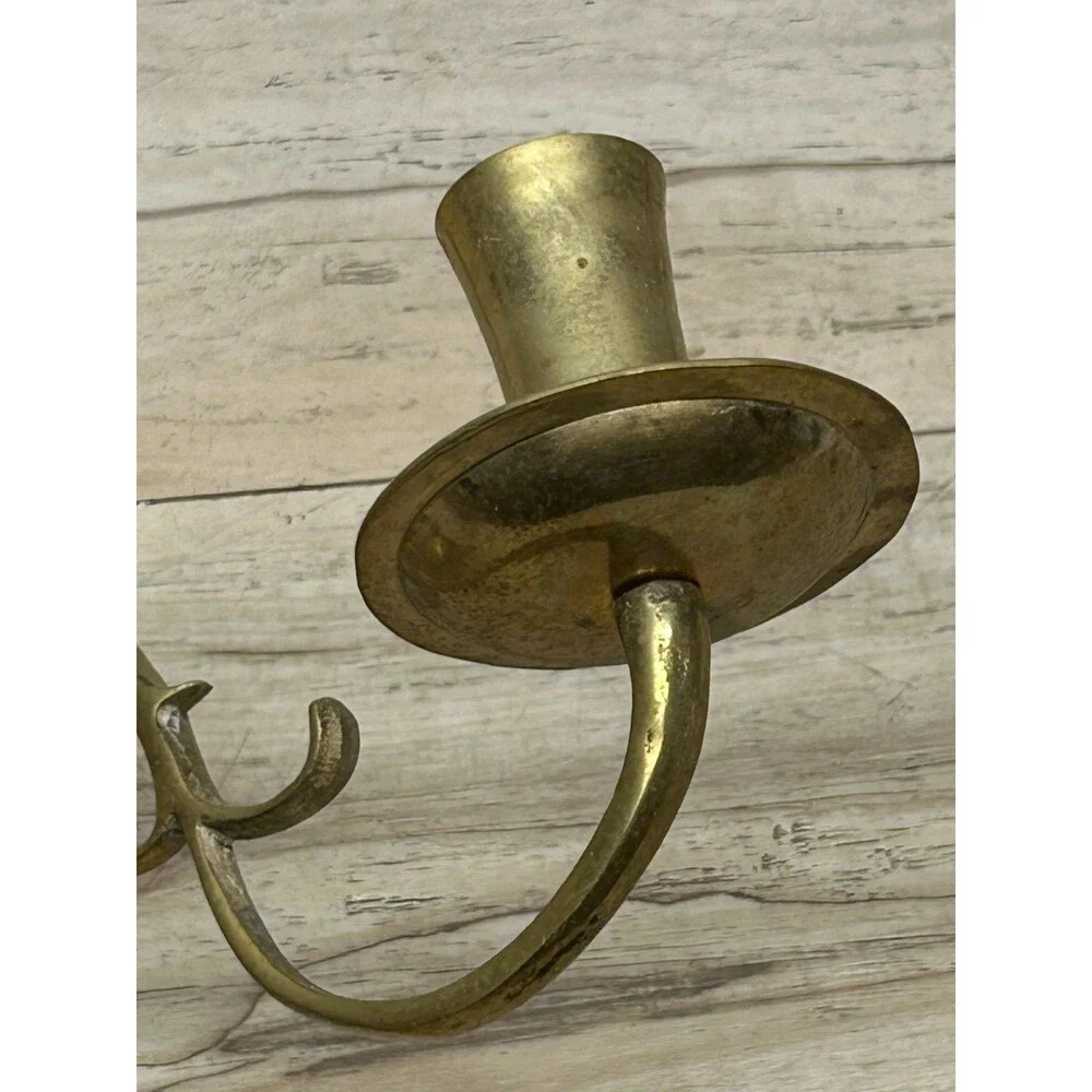 Vtg Solid Brass Double Arm Wall Sconse Candle Holder Dutch Colonial Style